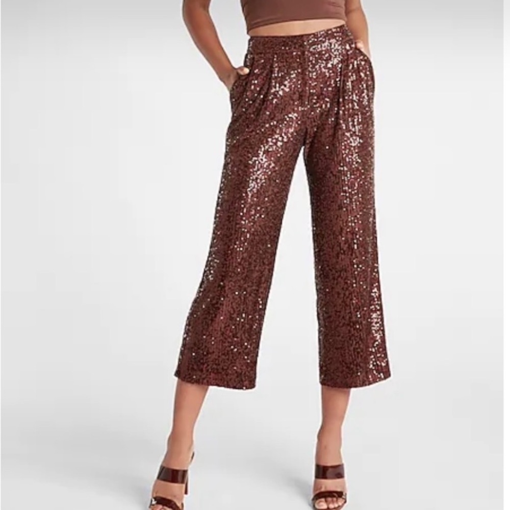 Express brown cropped sequins high-rise pants